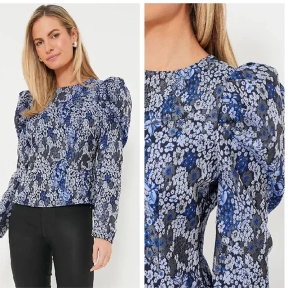 Tuckernuck Hyacinth House Priscilla Jacquard Blue Floral Puff Long Sleeve - Picture 2 of 7